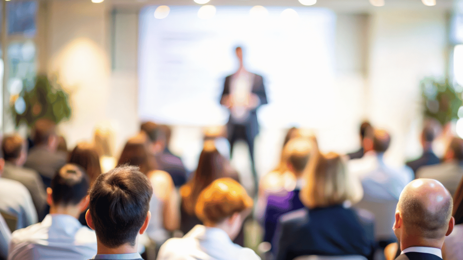a blurred out presenter standing in front of a crowd giving a presentation.